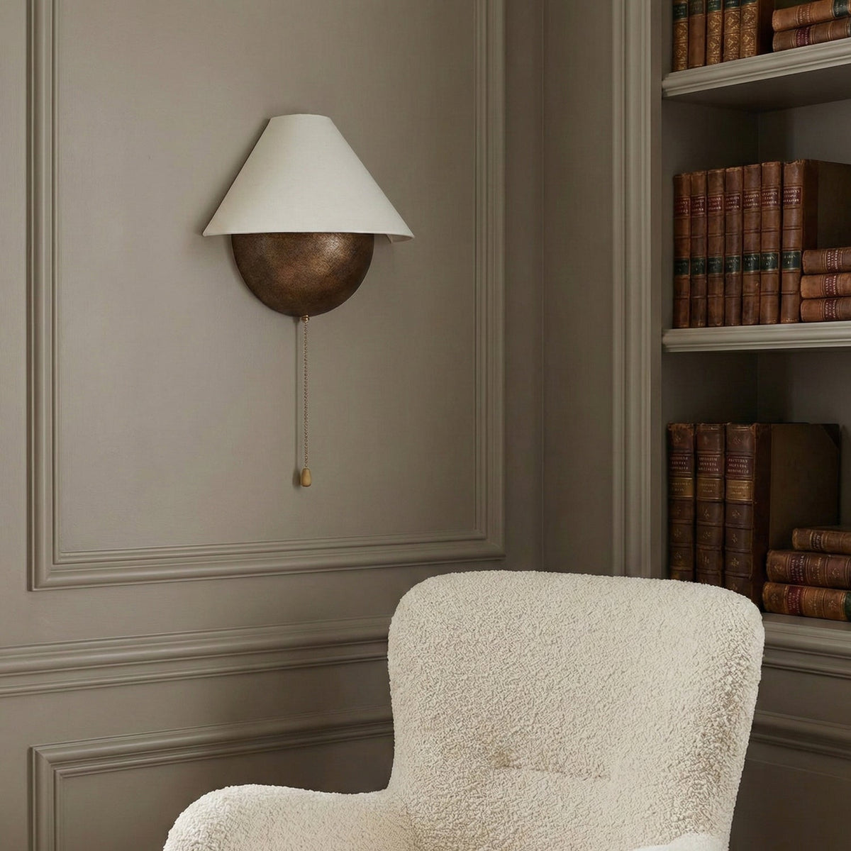 Half-Sphere Wall Lamp with Fabric Shade – Brass Pull Switch & Handcrafted Iron for Bedroom and Reading Nook | Sansoti