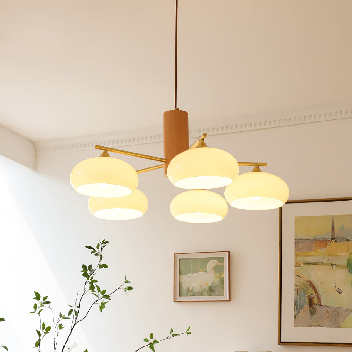 Ovale Design Kroonluchter Met Glazen Kappen En Messing Details Voor Woonkamer En Eetkamer | Sansoti