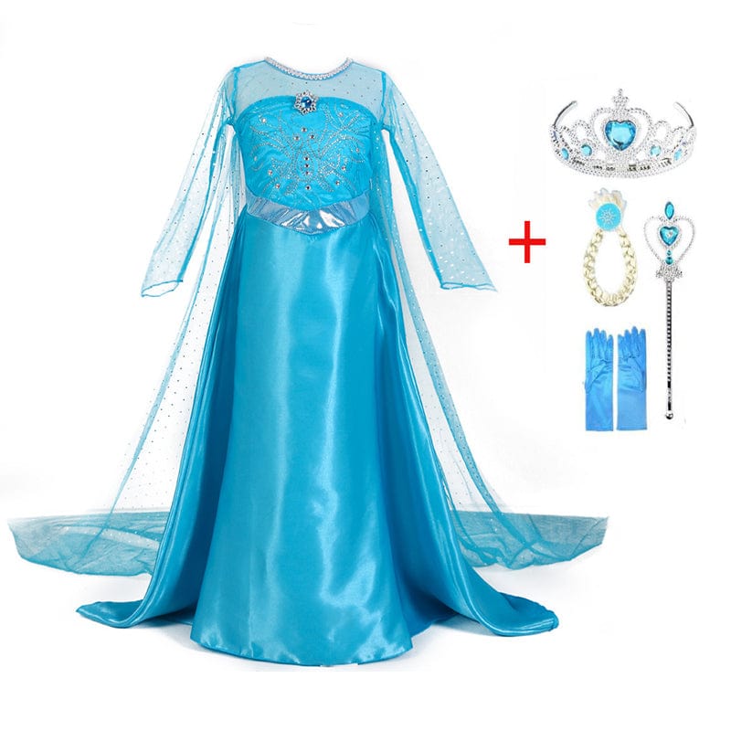 Princess Costume Blue with Accessories for Children 3-10 Years | Complete Set with Tiara Gloves Wand | Dress-Up Party Clothing | Sansoti