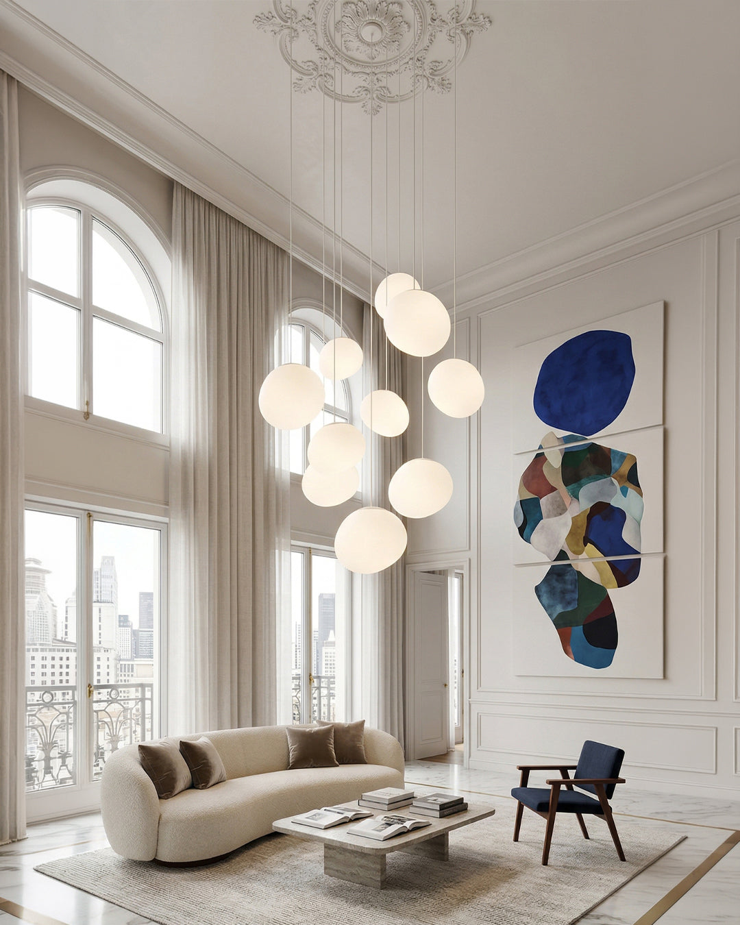 Suspension en verre laitonné soufflé bouche – Design moderne minimaliste avec lumière douce pour salle à manger et salon – 3 tailles disponibles – Blanc chaud 3000K | Sansoti