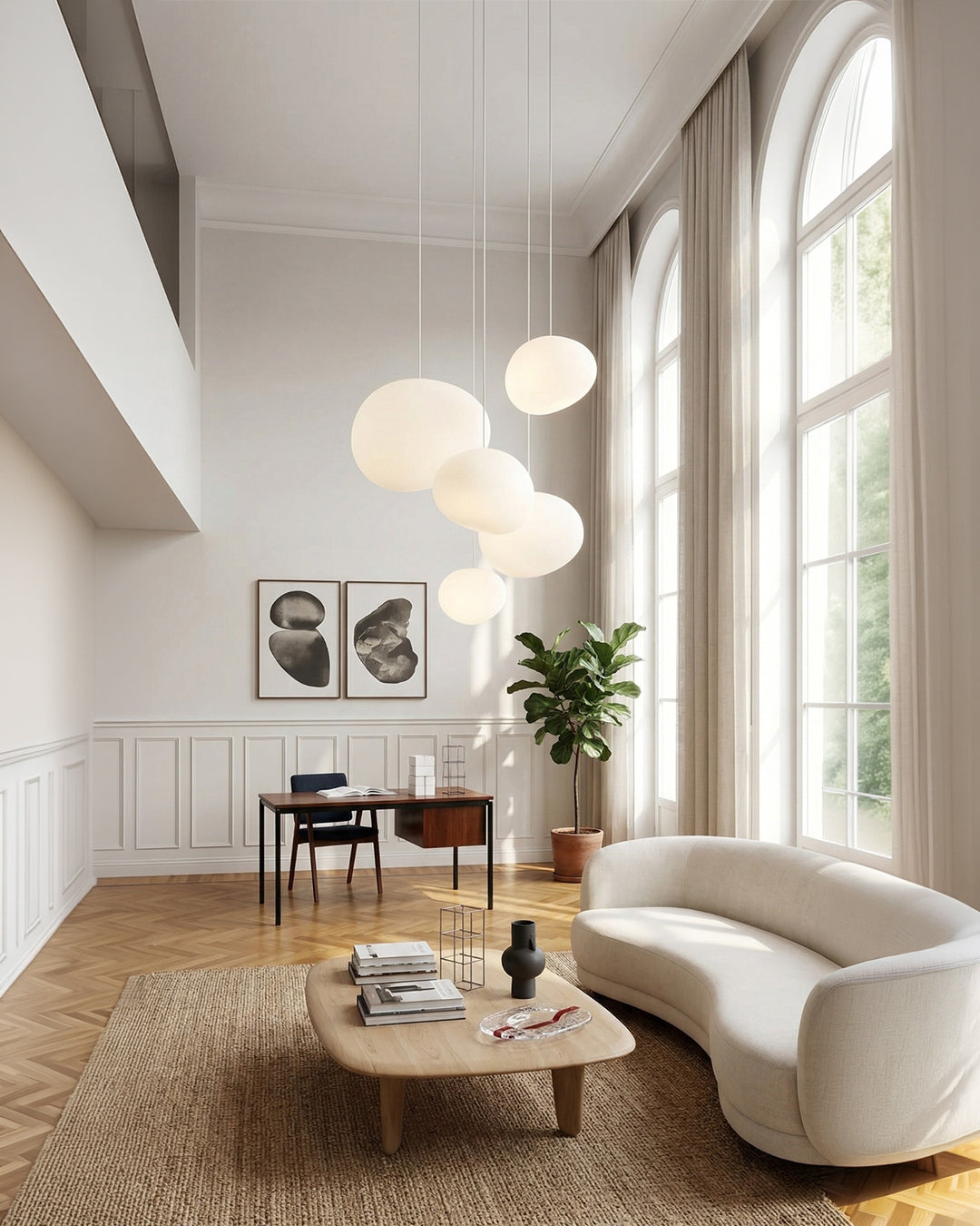 Suspension en verre laitonné soufflé bouche – Design moderne minimaliste avec lumière douce pour salle à manger et salon – 3 tailles disponibles – Blanc chaud 3000K | Sansoti