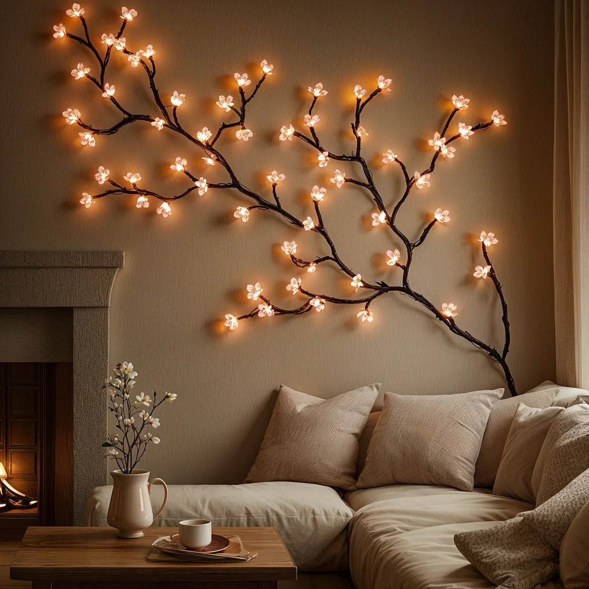 Branche de cerisier en fleurs LED 160cm, 72 ampoules, rose, prise USB, éclairage d’ambiance, branche fleurie décorative d’intérieur | Sansoti