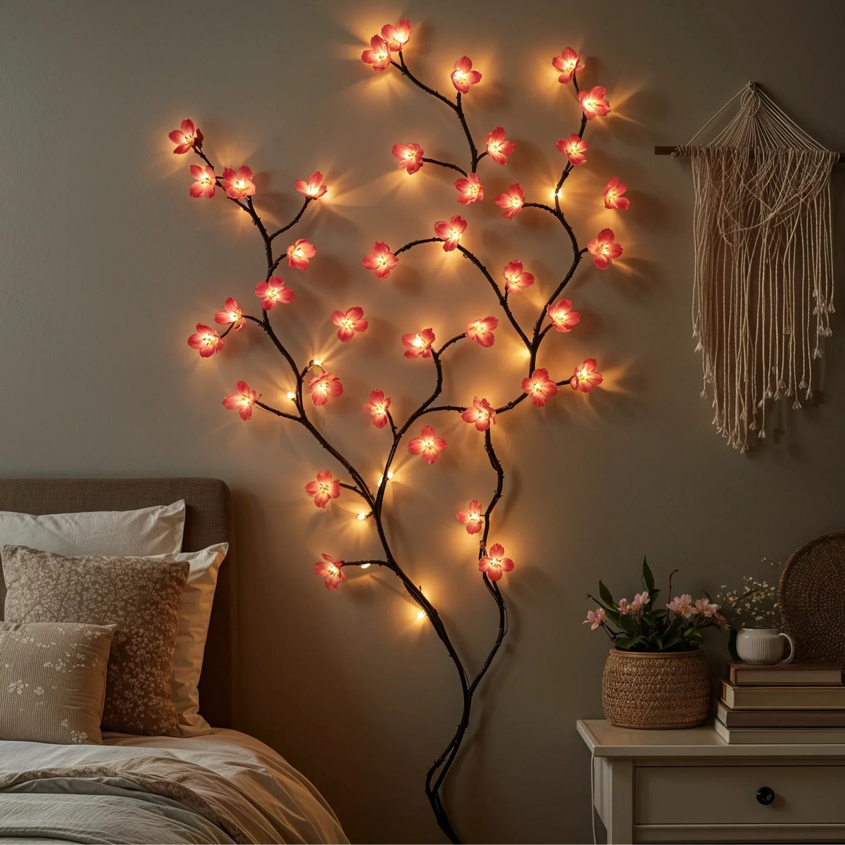Branche de cerisier en fleurs LED 160cm, 72 ampoules, rose, prise USB, éclairage d’ambiance, branche fleurie décorative d’intérieur | Sansoti