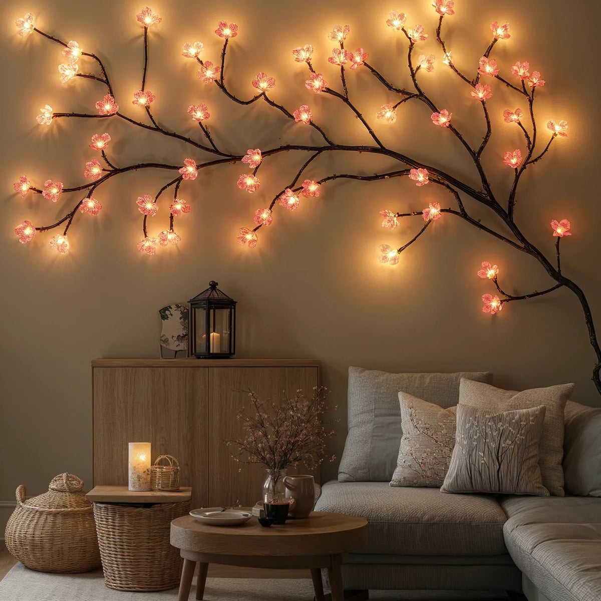 Branche de cerisier en fleurs LED 160cm, 72 ampoules, rose, prise USB, éclairage d’ambiance, branche fleurie décorative d’intérieur | Sansoti