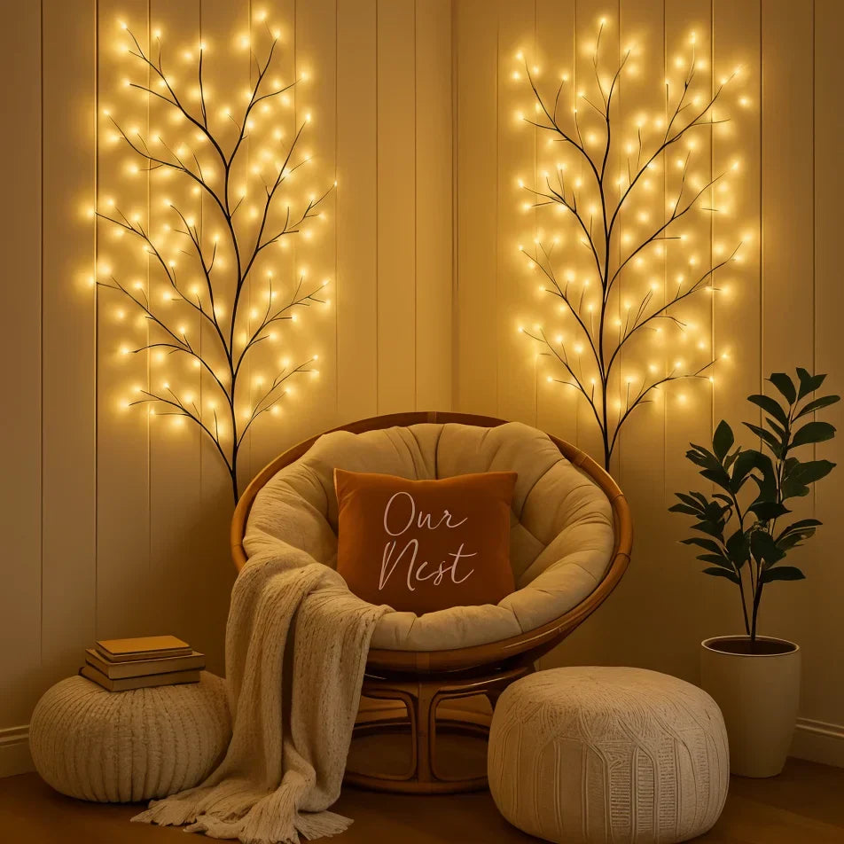 LED Wall Light with Willow Branches in Warm White | Dimmable Natural Ambient Lighting | Remote Control | Sansoti