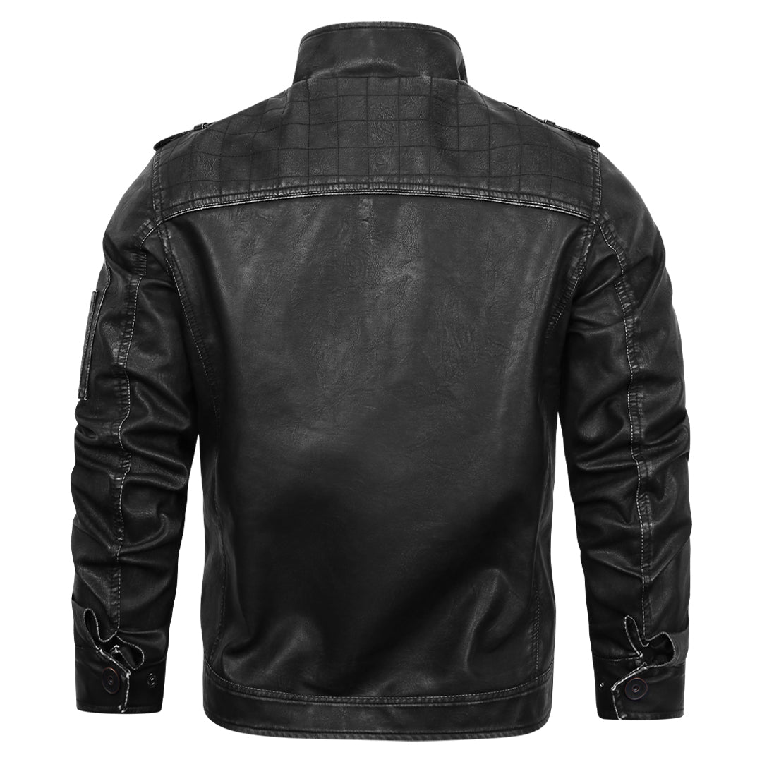 Leather Motorcycle Jacket with Embroidery Black Faux Leather Water-Repellent Scratch-Resistant Biker Jacket Men's Casual Streetwear | Sansoti