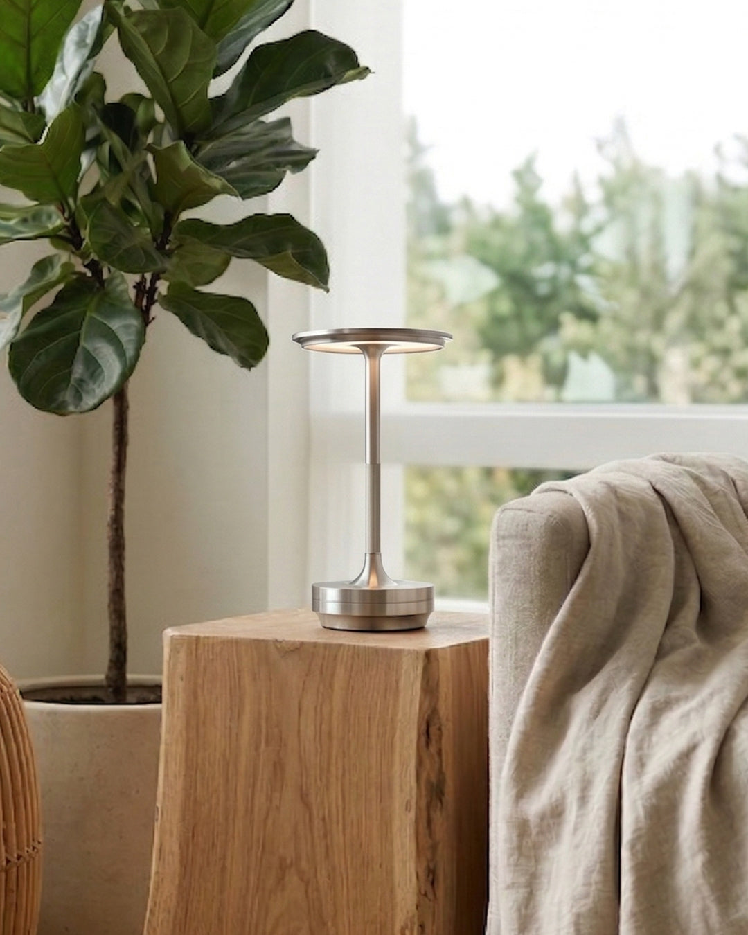 Rechargeable LED Table Lamp with Dim Function Cylinder Shape Metal Wireless Ambient Lamp | Sansoti