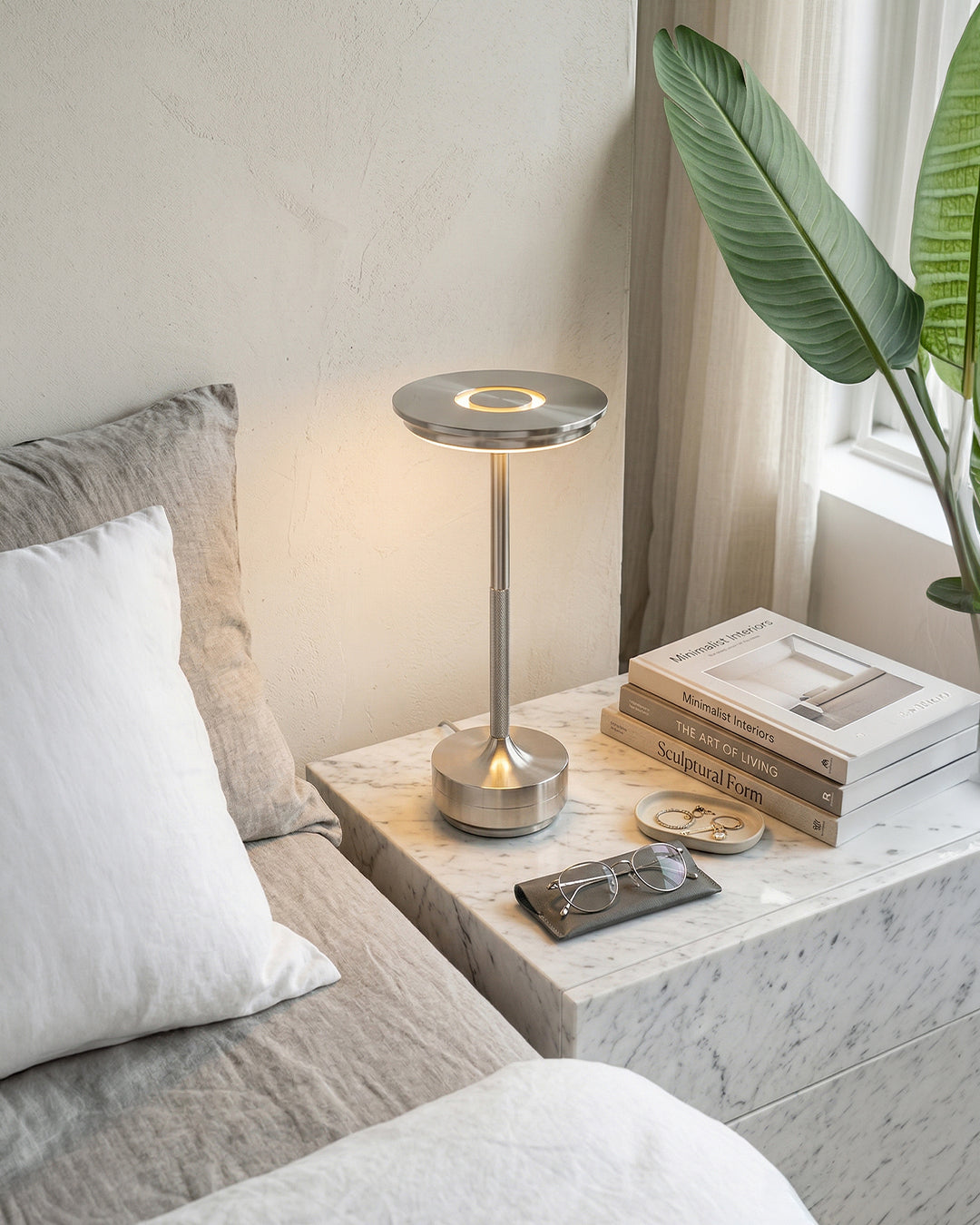 Rechargeable LED Table Lamp with Dim Function Cylinder Shape Metal Wireless Ambient Lamp | Sansoti