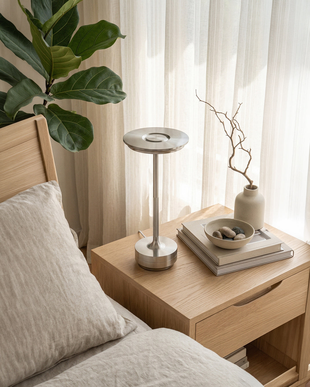 Rechargeable LED Table Lamp with Dim Function Cylinder Shape Metal Wireless Ambient Lamp | Sansoti