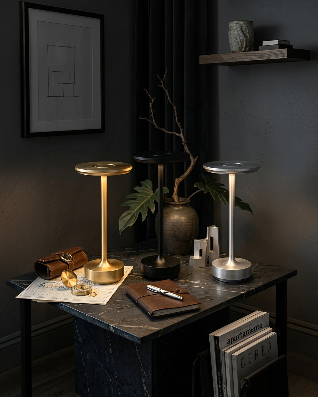 Rechargeable LED Table Lamp with Dim Function Cylinder Shape Metal Wireless Ambient Lamp | Sansoti