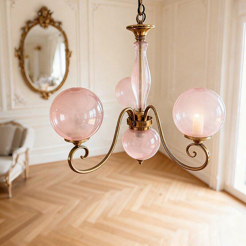 Glass Chandelier with Brass Fixture | Hand-Blown Globes | Dimmable | Ambient Lighting for Dining Room and Living Room | Sansoti