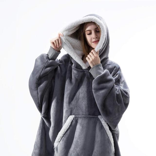 Übergroßer Sherpa-Fleece-Decken-Hoodie Grau Rosa Schwarz Blau Kariert Rot Extra Warm und Weich One Size Loungewear Hausdecke mit Kapuze und Taschen | Sansoti