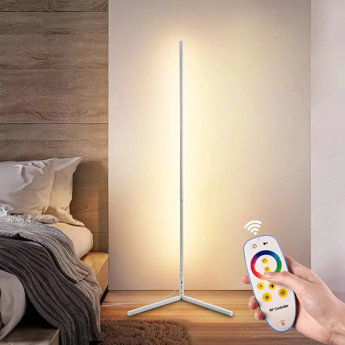 Lampadaire LED dimmable 3 couleurs lumière télécommande 142cm aluminium lampe d'angle salon chambre 3000K 4000K 6000K éclairage d'ambiance noir blanc | Sansoti