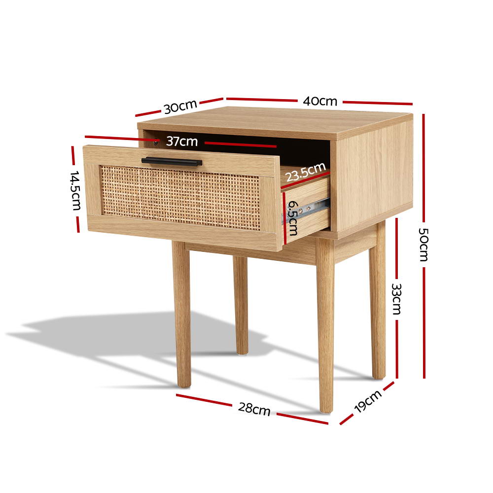 Nightstand with Rattan Drawer and Wooden Legs – Compact Boho Design 40 cm | Sansoti