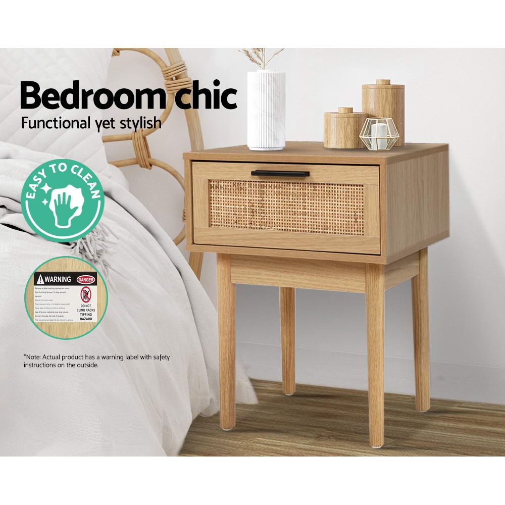 Nightstand with Rattan Drawer and Wooden Legs – Compact Boho Design 40 cm | Sansoti