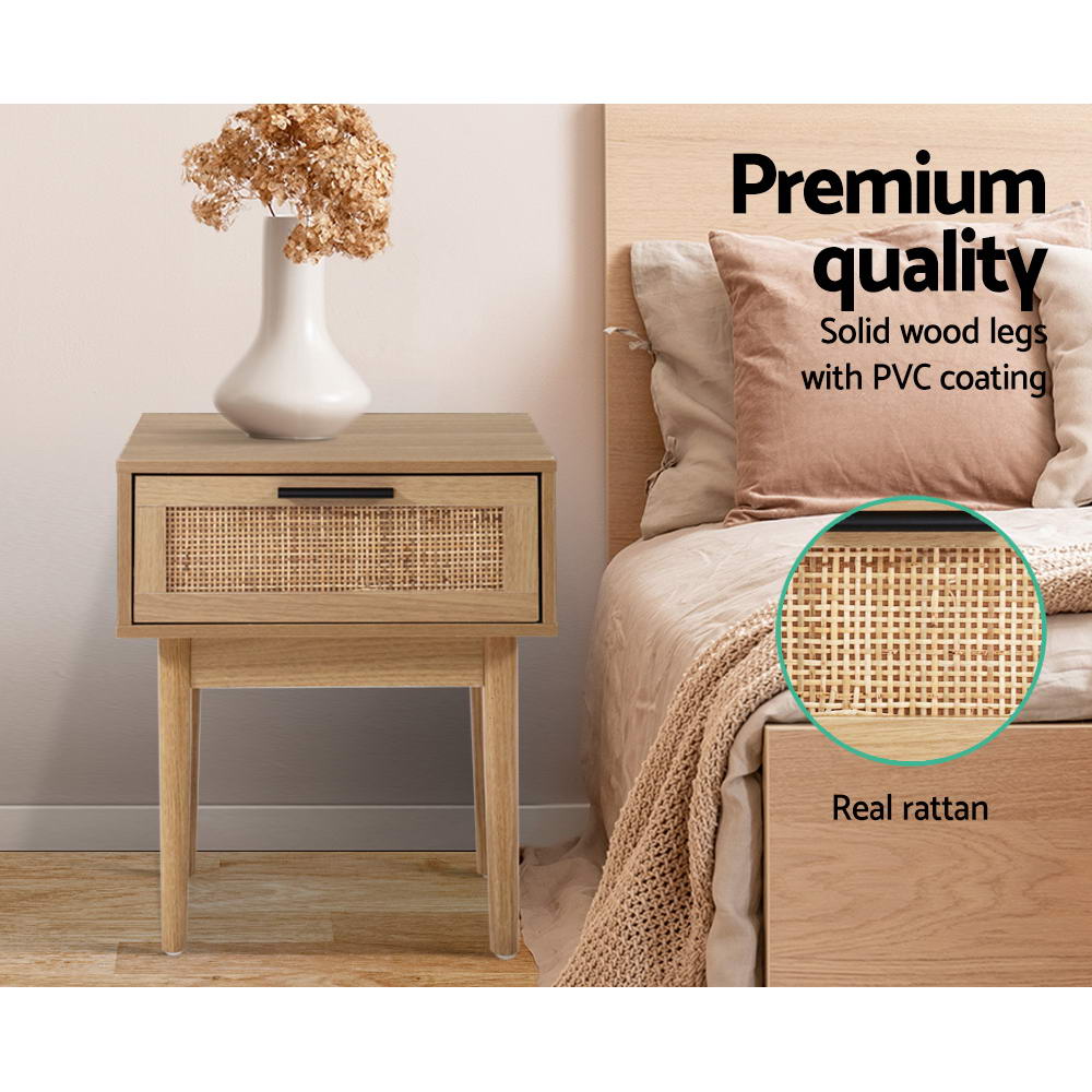 Nightstand with Rattan Drawer and Wooden Legs – Compact Boho Design 40 cm | Sansoti