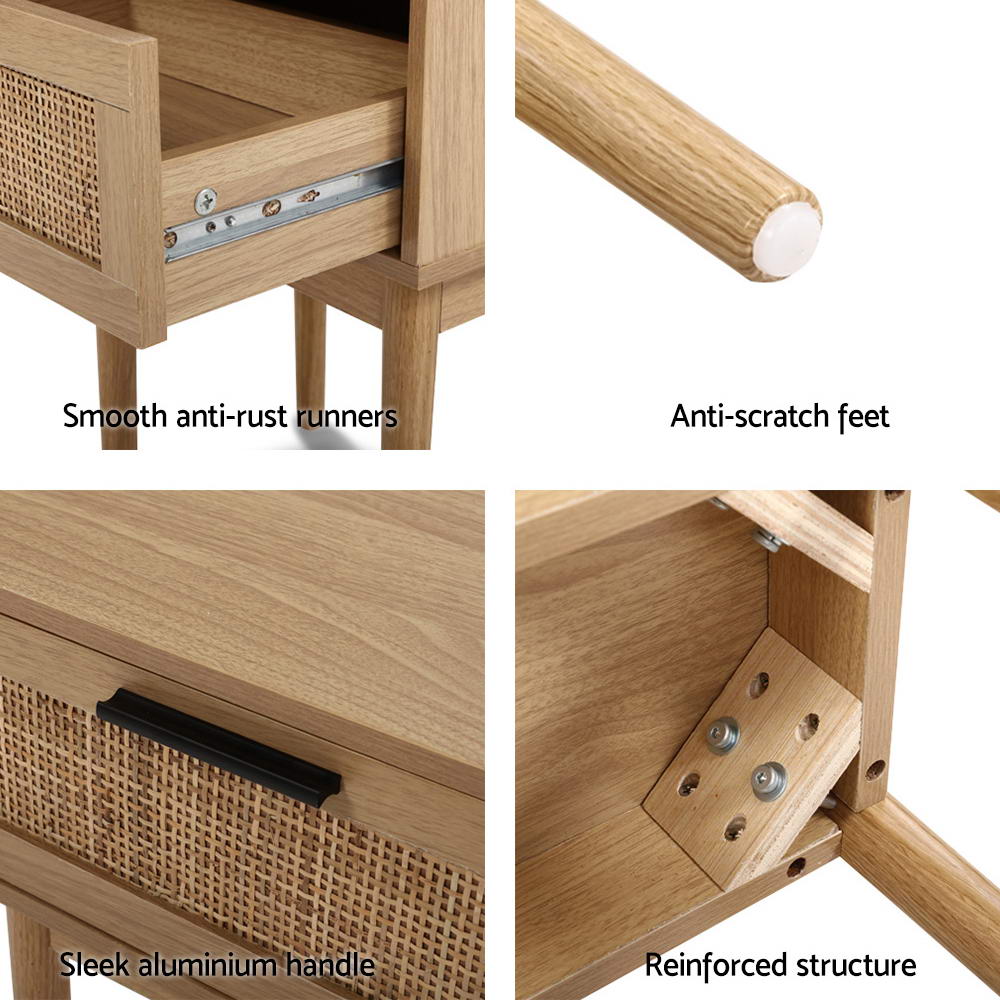 Nightstand with Rattan Drawer and Wooden Legs – Compact Boho Design 40 cm | Sansoti