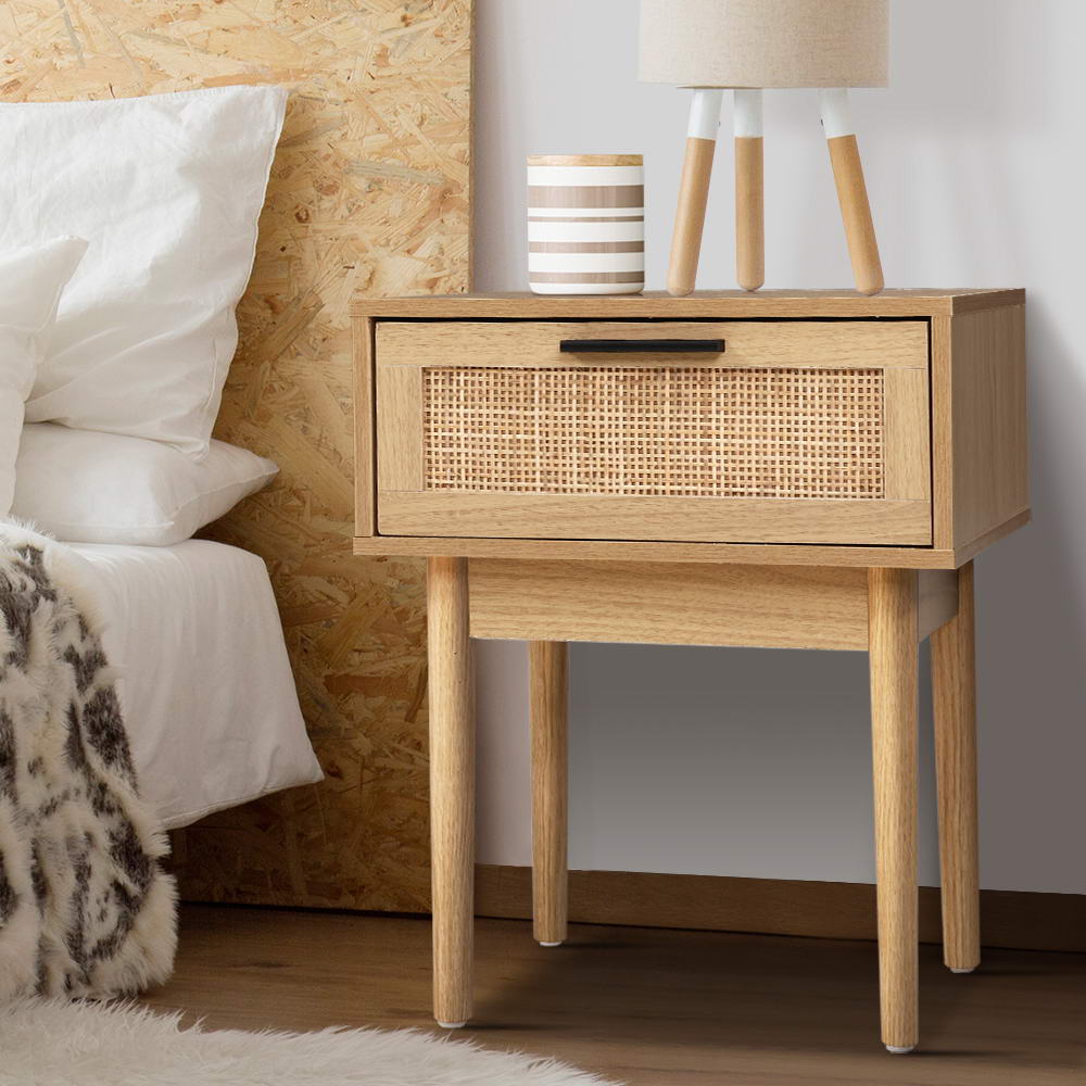 Nightstand with Rattan Drawer and Wooden Legs – Compact Boho Design 40 cm | Sansoti