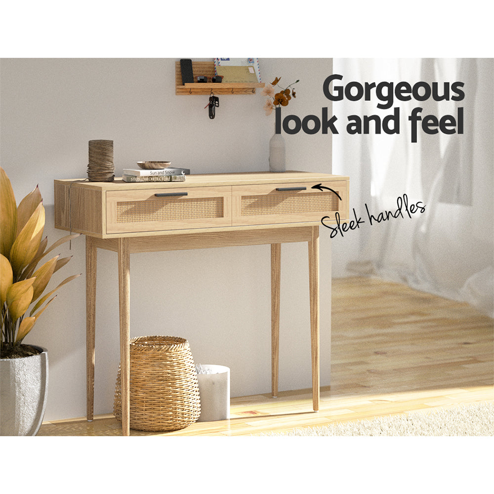 Console Table with Rattan Drawers and Solid Wooden Legs – Boho Hall Table 90 cm | Sansoti
