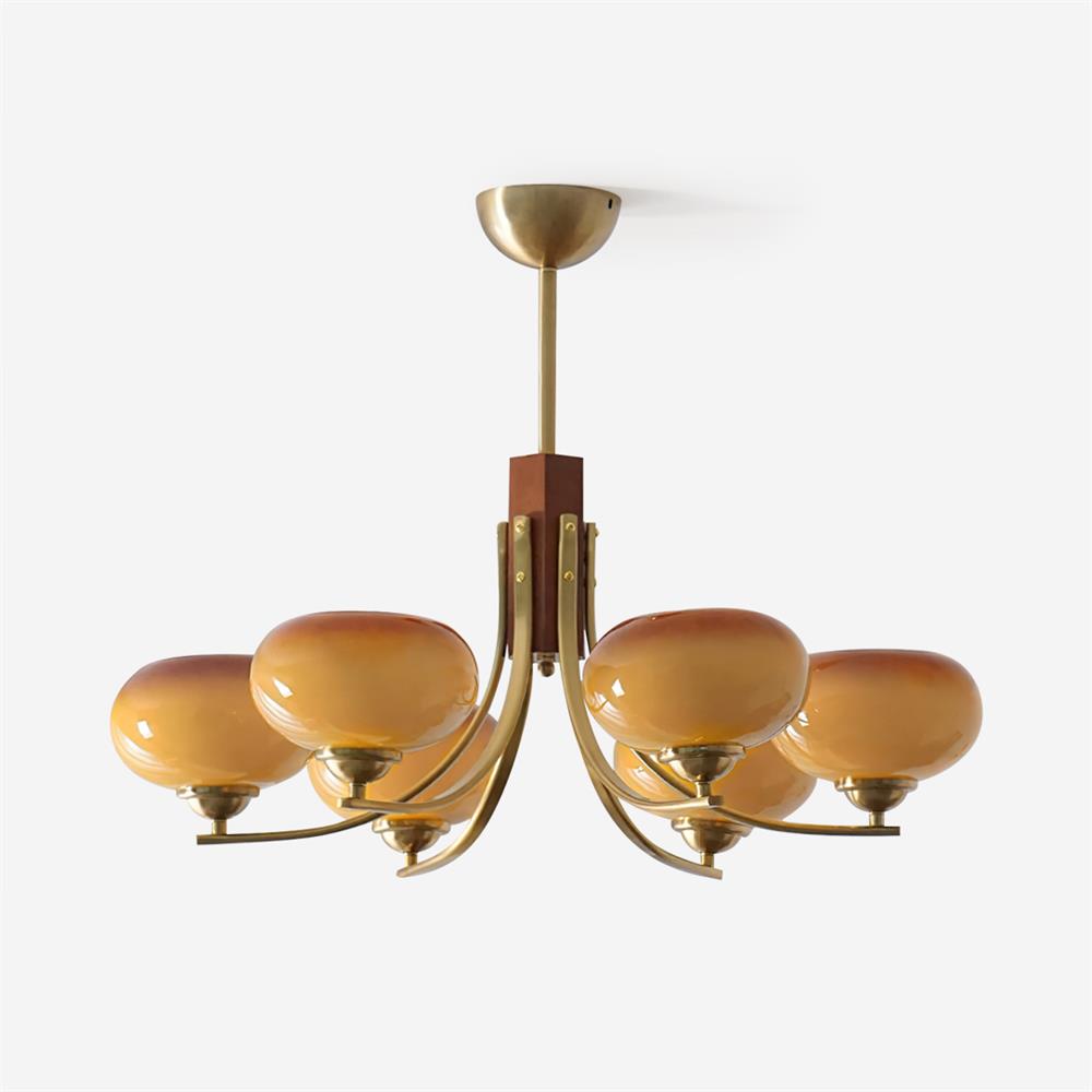 Glass Chandelier with 6 Amber-Colored Globes Brass Fittings Pendant Lamp Dining Room Living Room Ambient Lighting | Sansoti