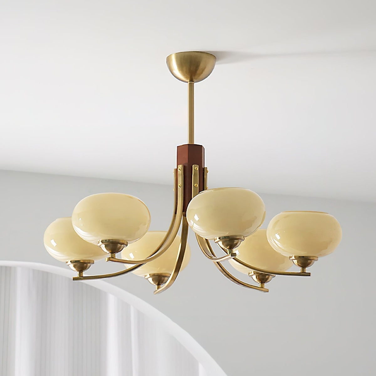 Glass Chandelier with 6 Amber-Colored Globes Brass Fittings Pendant Lamp Dining Room Living Room Ambient Lighting | Sansoti