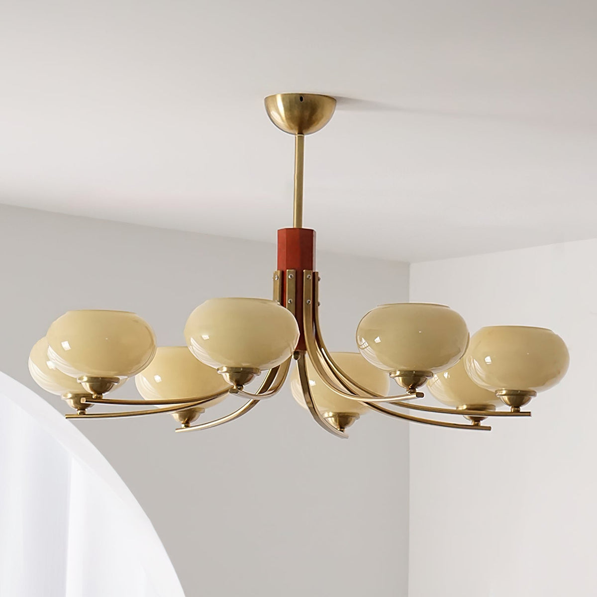 Lustre en verre avec 6 globes ambrés, douilles en laiton, suspension pour salle à manger et salon, éclairage d’ambiance | Sansoti