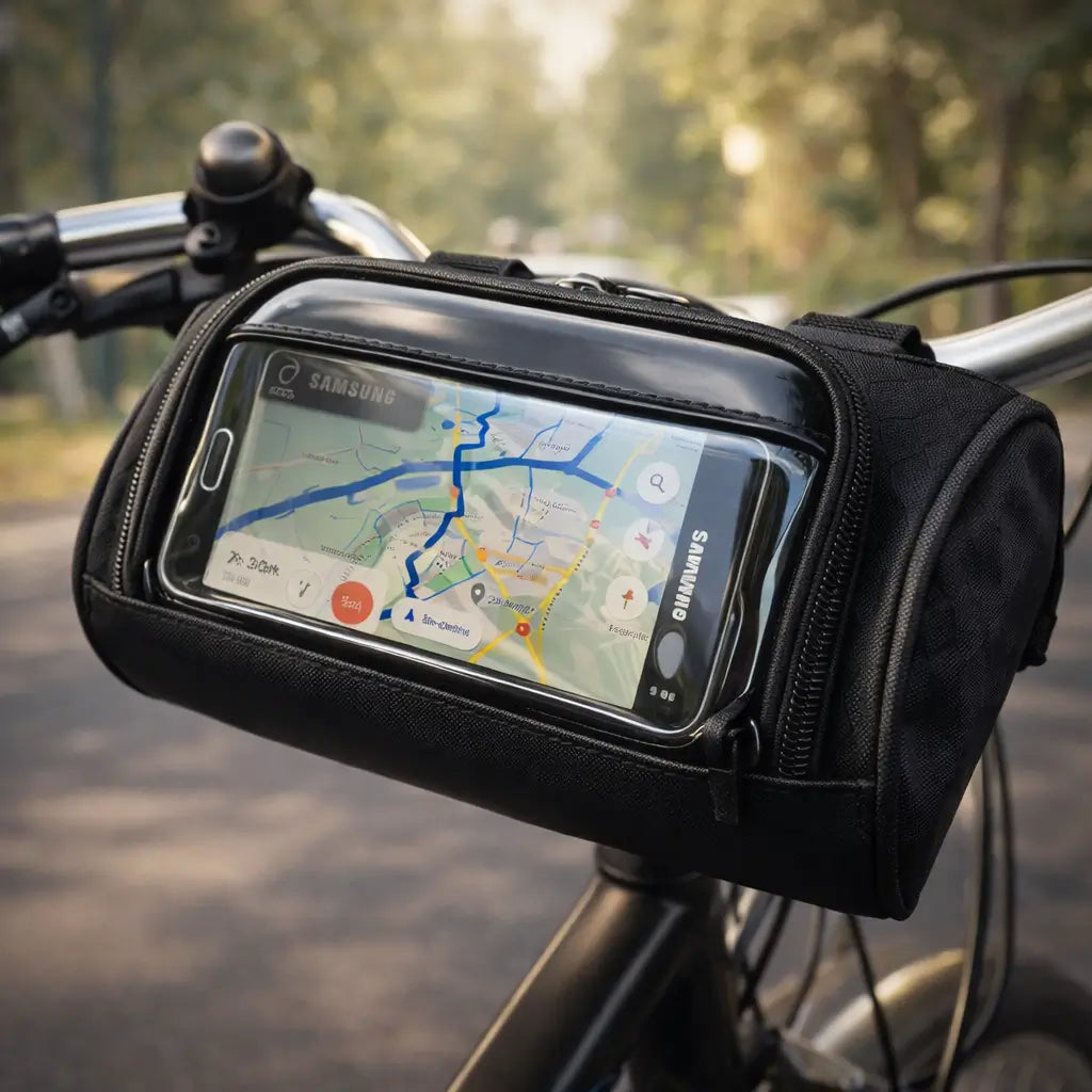 Bike Handlebar Bag | Touchscreen Compatible | Universal Velcro | Ridepocket | Water-Repellent Nylon Bike Bag for Smartphone Navigation Keys Wallet | Sansoti