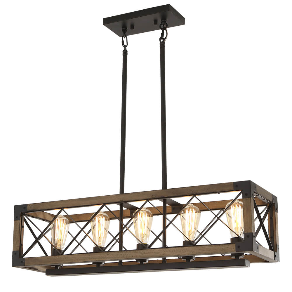 Pendant Lamp Rectangular Wood Black 80cm 5 Lights Dining Room Kitchen Island Industrial Farmhouse Chandelier Adjustable Pendant Lamp Living Room | Sansoti
