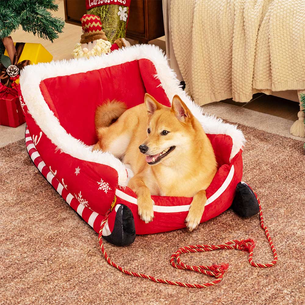 Plush Dog Bed Christmas Sleigh Red Brown 3 Sizes Premium Pet Bed Festive Decorative Warm Cozy | Sansoti