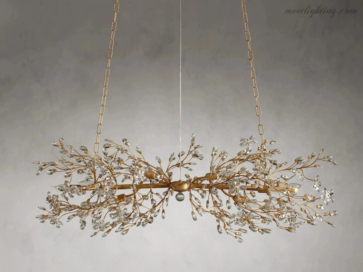 Linear Crystal Chandelier Iron Adjustable 3 Finishes Dining Room Living Room Lighting 8-12 Sockets | Sansoti