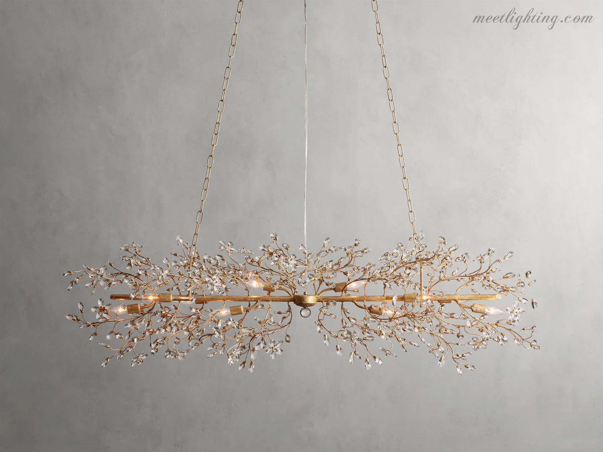 Linear Crystal Chandelier Iron Adjustable 3 Finishes Dining Room Living Room Lighting 8-12 Sockets | Sansoti
