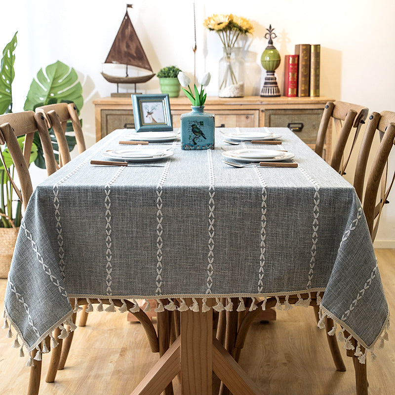 Cotton Linen Striped Tablecloth Brushed Edge Rectangular Dining Table Kitchen Parties Scandinavian Stylish | Sansoti