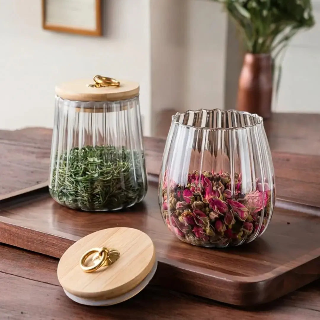 Glas Vorratsglas Holzdeckel Gold Borosilikat Tee Küche Skandinavisch | Sansoti