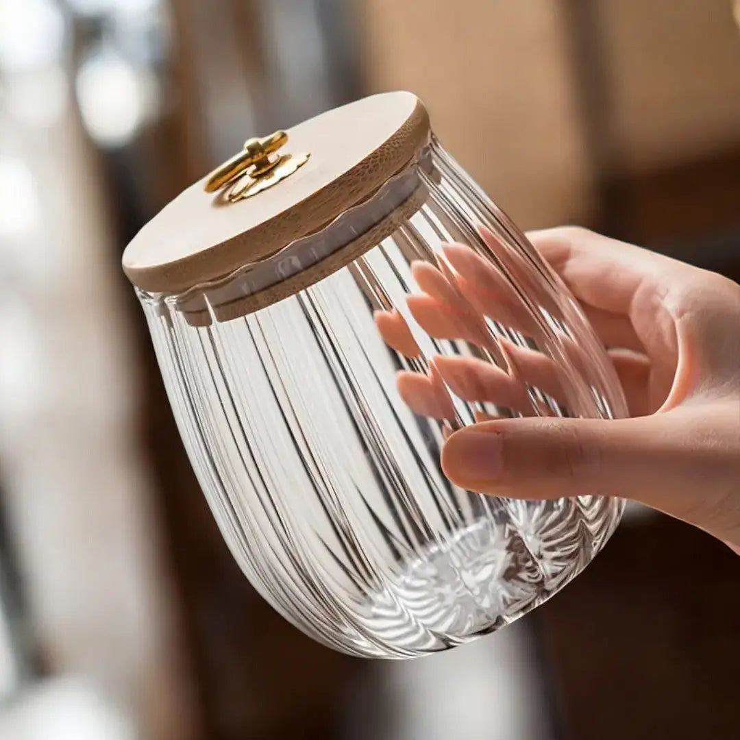 Glas Vorratsglas Holzdeckel Gold Borosilikat Tee Küche Skandinavisch | Sansoti