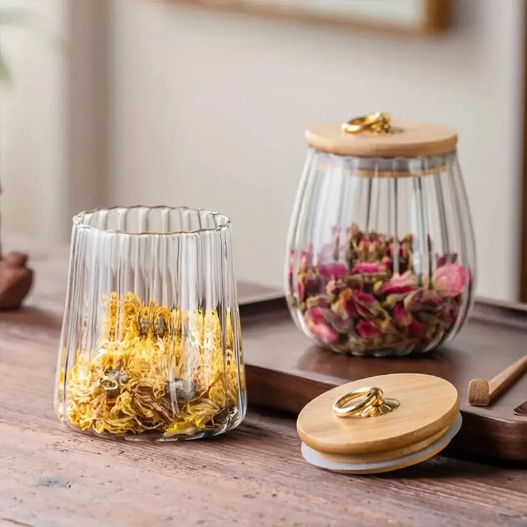 Glas Vorratsglas Holzdeckel Gold Borosilikat Tee Küche Skandinavisch | Sansoti