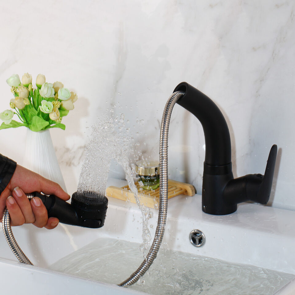 Extendable Washbasin Faucet with Flexible Spray Head Chrome Black White Gold | Sansoti