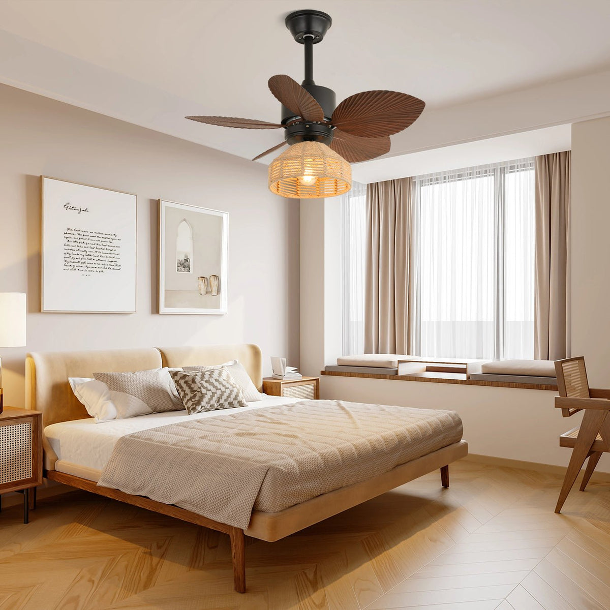 Tropischer Deckenventilator mit Beleuchtung – Rattan-Finish Ø76 cm – Verstellbare Geschwindigkeiten | Sansoti