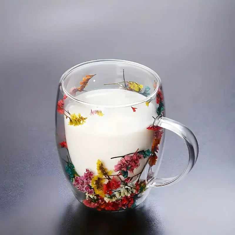 Glas Doppelwandige Blumen Tasse 350ml Kaffee Tee Geschenk Elegant Transparent | Sansoti
