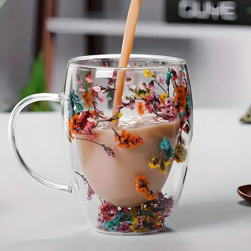 Glas Doppelwandige Blumen Tasse 350ml Kaffee Tee Geschenk Elegant Transparent | Sansoti