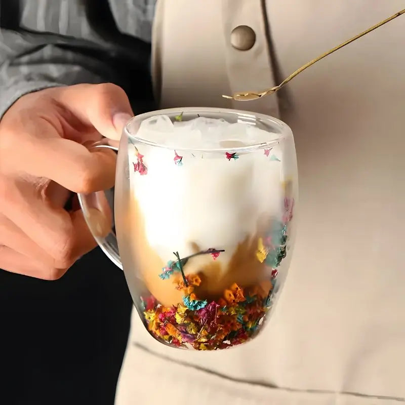 Glas Doppelwandige Blumen Tasse 350ml Kaffee Tee Geschenk Elegant Transparent | Sansoti