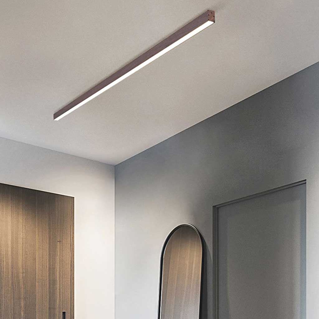 Linear LED Ceiling Light Wood Effect Dimmable Iron Acrylic Hallway Entrance Remote Control Warm Neutral White | Sansoti