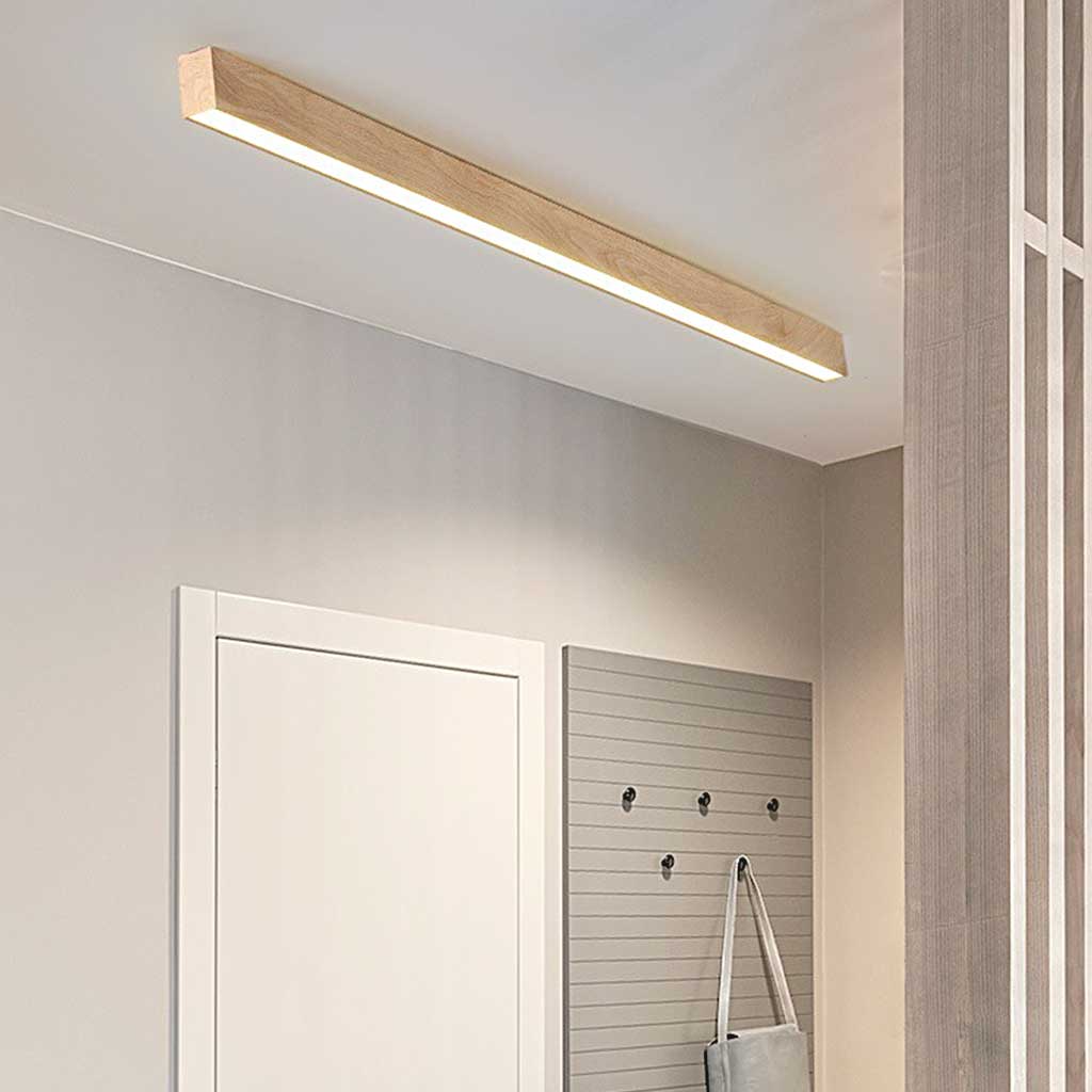 Linear LED Ceiling Light Wood Effect Dimmable Iron Acrylic Hallway Entrance Remote Control Warm Neutral White | Sansoti