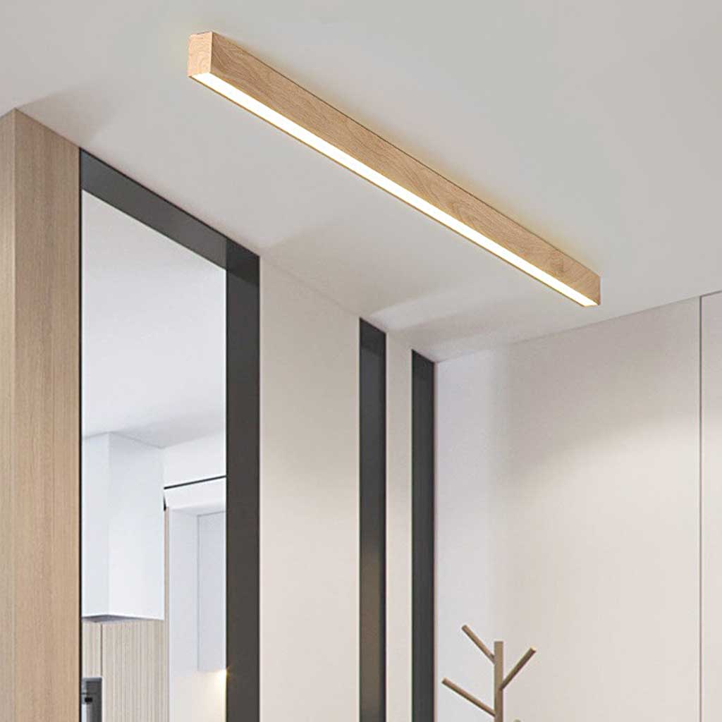 Linear LED Ceiling Light Wood Effect Dimmable Iron Acrylic Hallway Entrance Remote Control Warm Neutral White | Sansoti