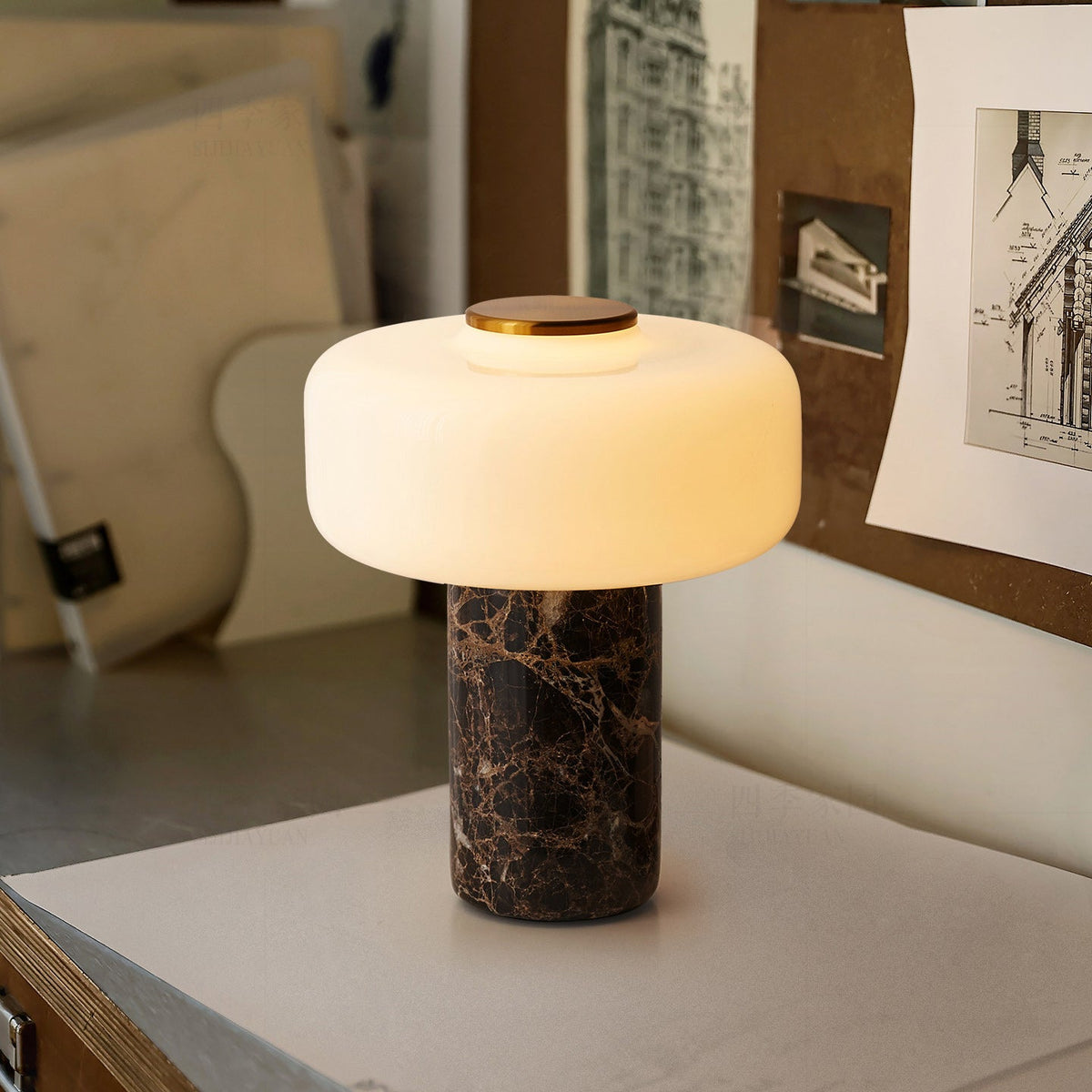 Rechargeable Marble Table Lamp with Opal Glass Shade – Dimmable Wireless Ambient Light with Natural Stone Base for Living Room Bedroom Luxury Interior | Sansoti