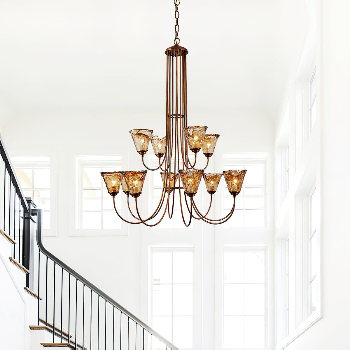 Brass Chandelier with Amber Glass Shades Multiple Light Points Pendant Light Dining Table Living Room E14 Ambient Lighting | Sansoti