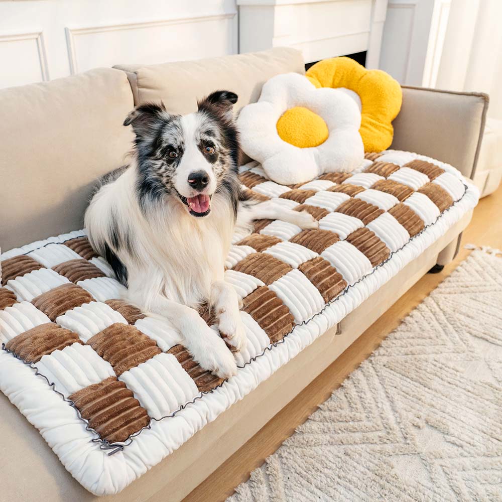 Plush Pet Dog Blanket Square Checked Deep Sleep Mat Sofa Protector Throw Cream-Colored Dog Cat | Sansoti