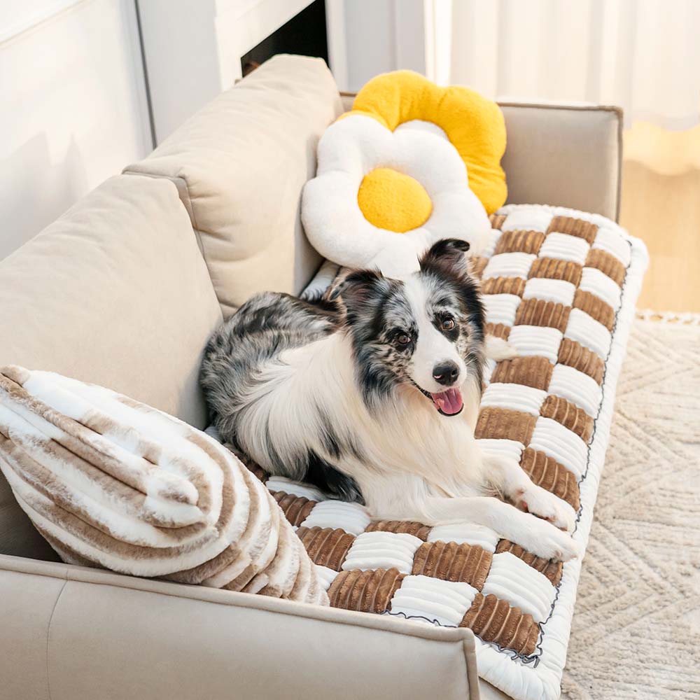 Plush Pet Dog Blanket Square Checked Deep Sleep Mat Sofa Protector Throw Cream-Colored Dog Cat | Sansoti