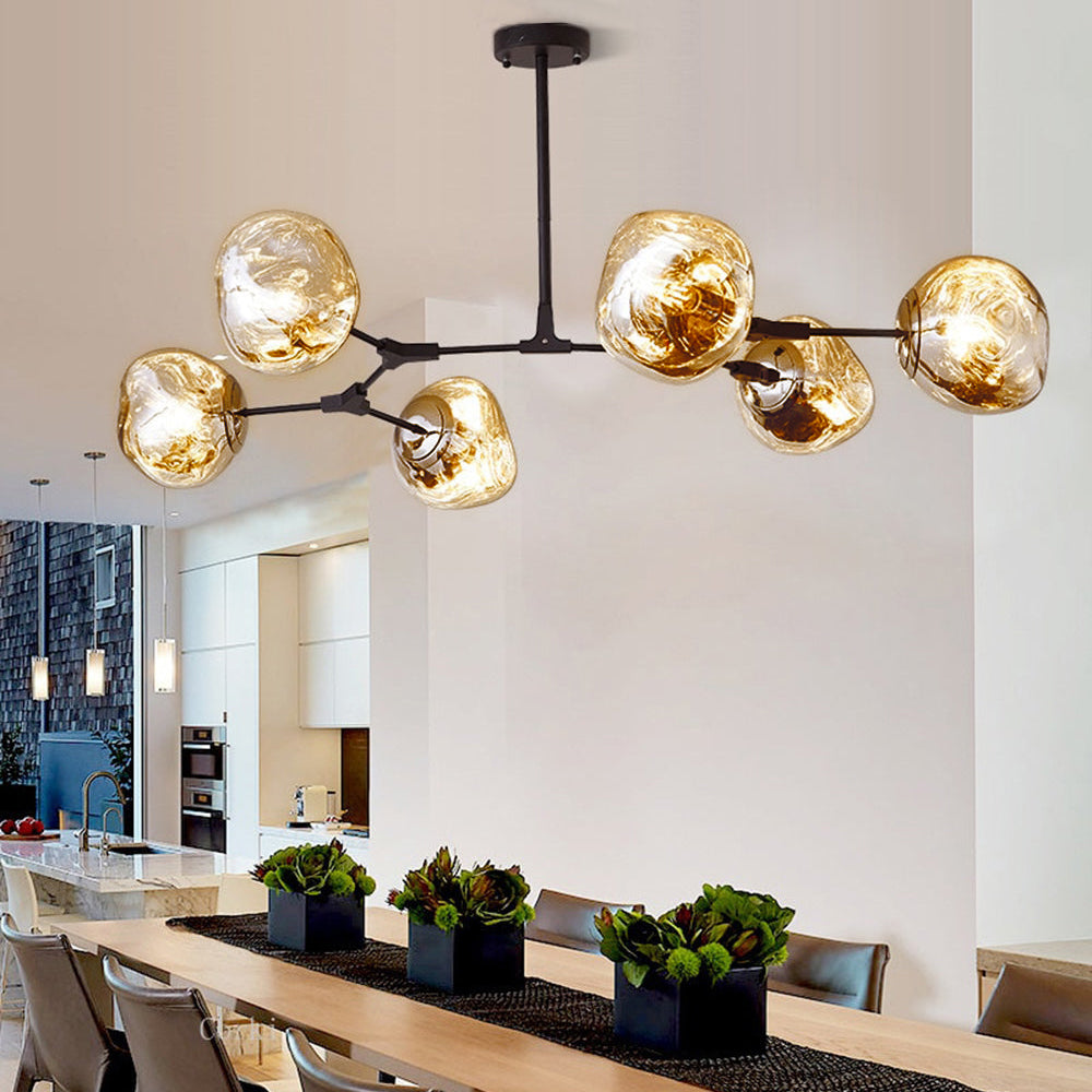 Glass Pendant Lamp with Globe Shade, 3-Light Modern Metal Fixture, Warm White Light, Living Room, Dining Room | Sansoti