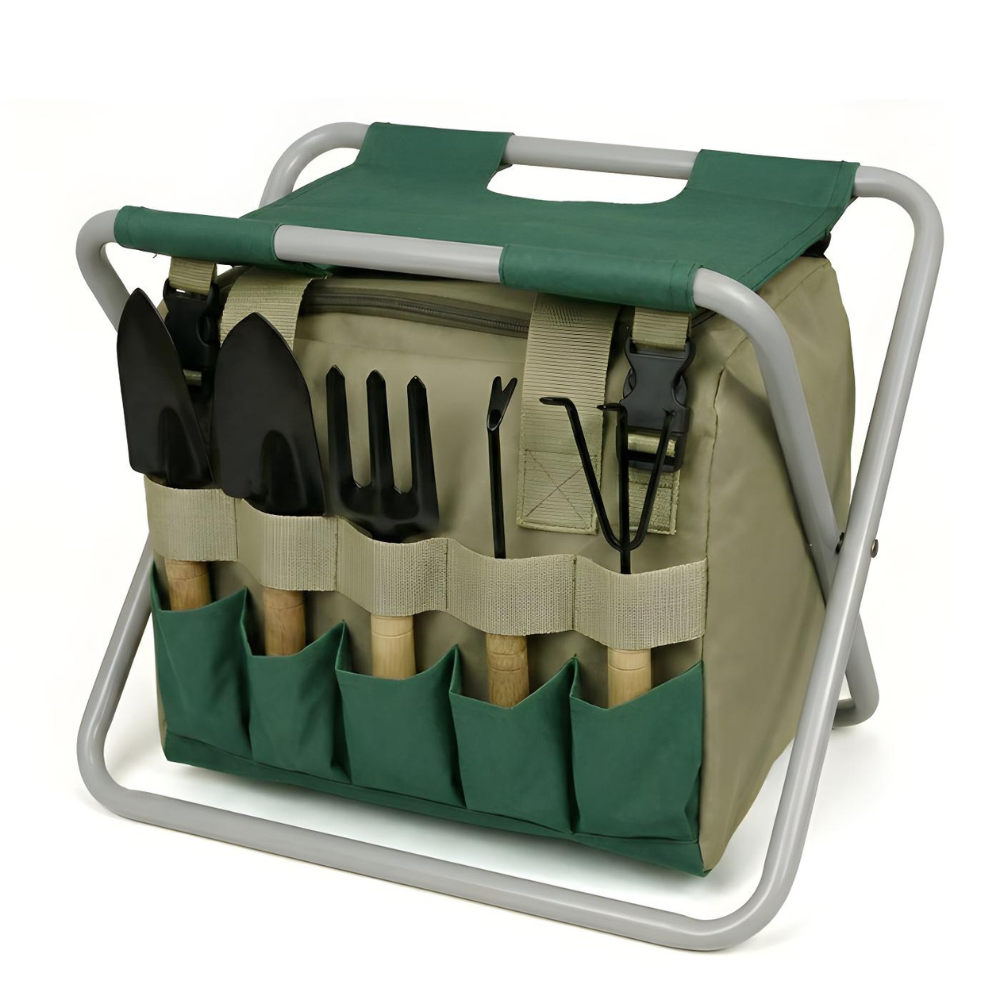Gartengeräte-Set, 6-teilig, mit klappbarem Hocker und Tasche | Sansoti