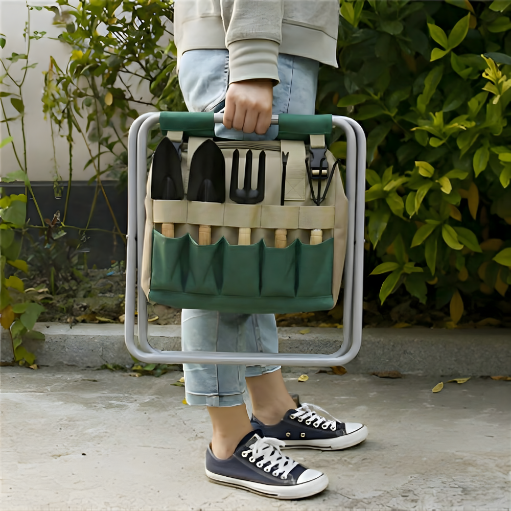 Gartengeräte-Set, 6-teilig, mit klappbarem Hocker und Tasche | Sansoti